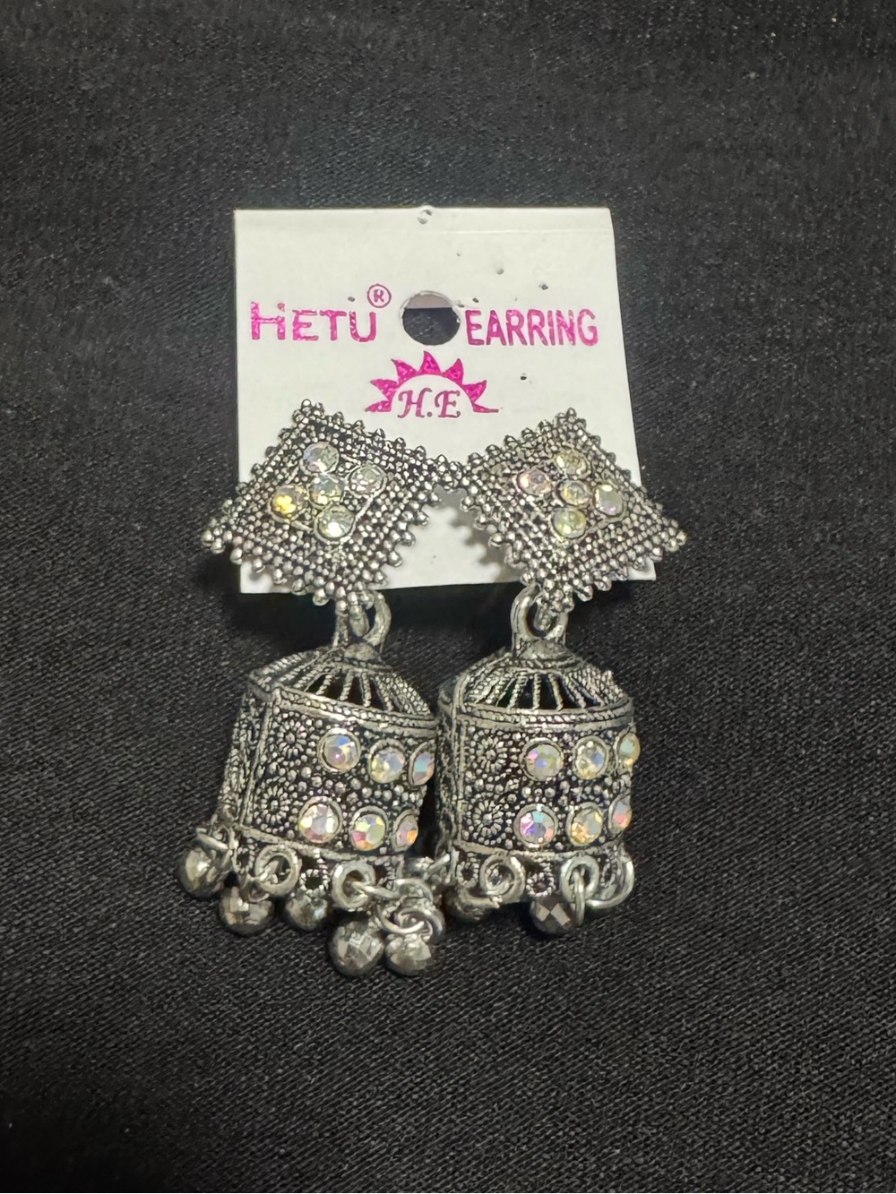 Silver-tone Jhumka Earrings with Iridescent Stones